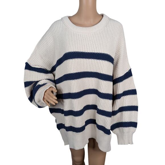 Aerie Ivory Navy Blue Stripe Chunky Ribbed Chenille Oversized Sweater SZ XL - Picture 2 of 10